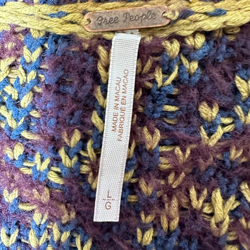 Free People Leopard Print Fuzzy Knit V Neck Sweater Blue Yellow Burgundy L - Picture 3 of 7